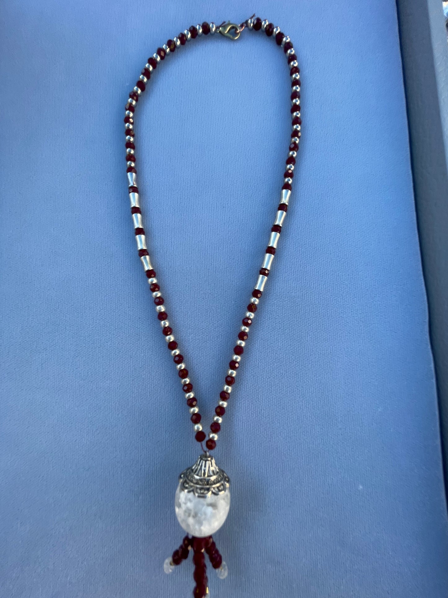 Fun Necklace with Tassel in Deep Reds, Silver and White