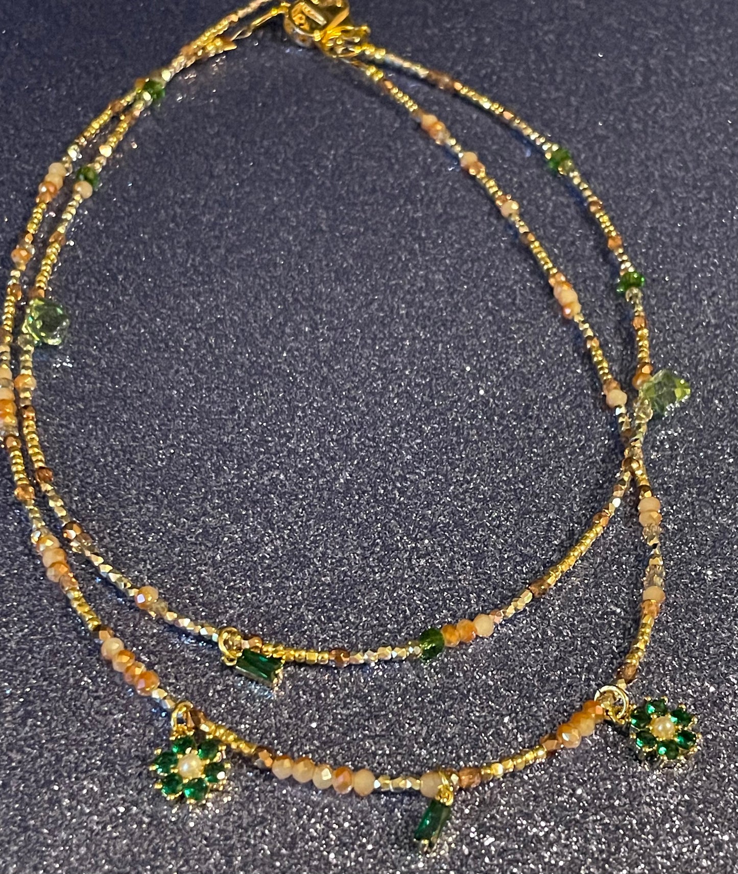 Green Gem and Crystal Double Strand Necklace