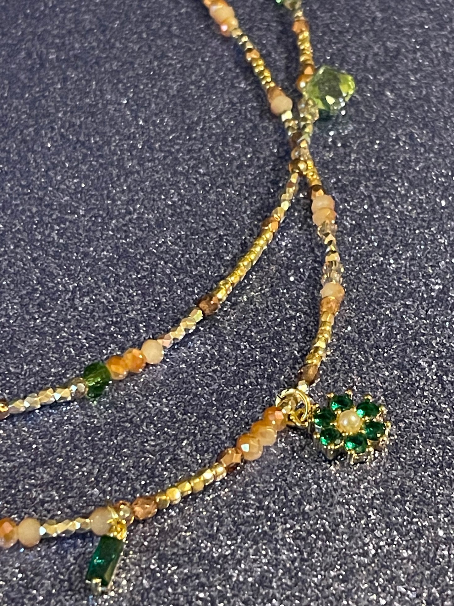 Green Gem and Crystal Double Strand Necklace