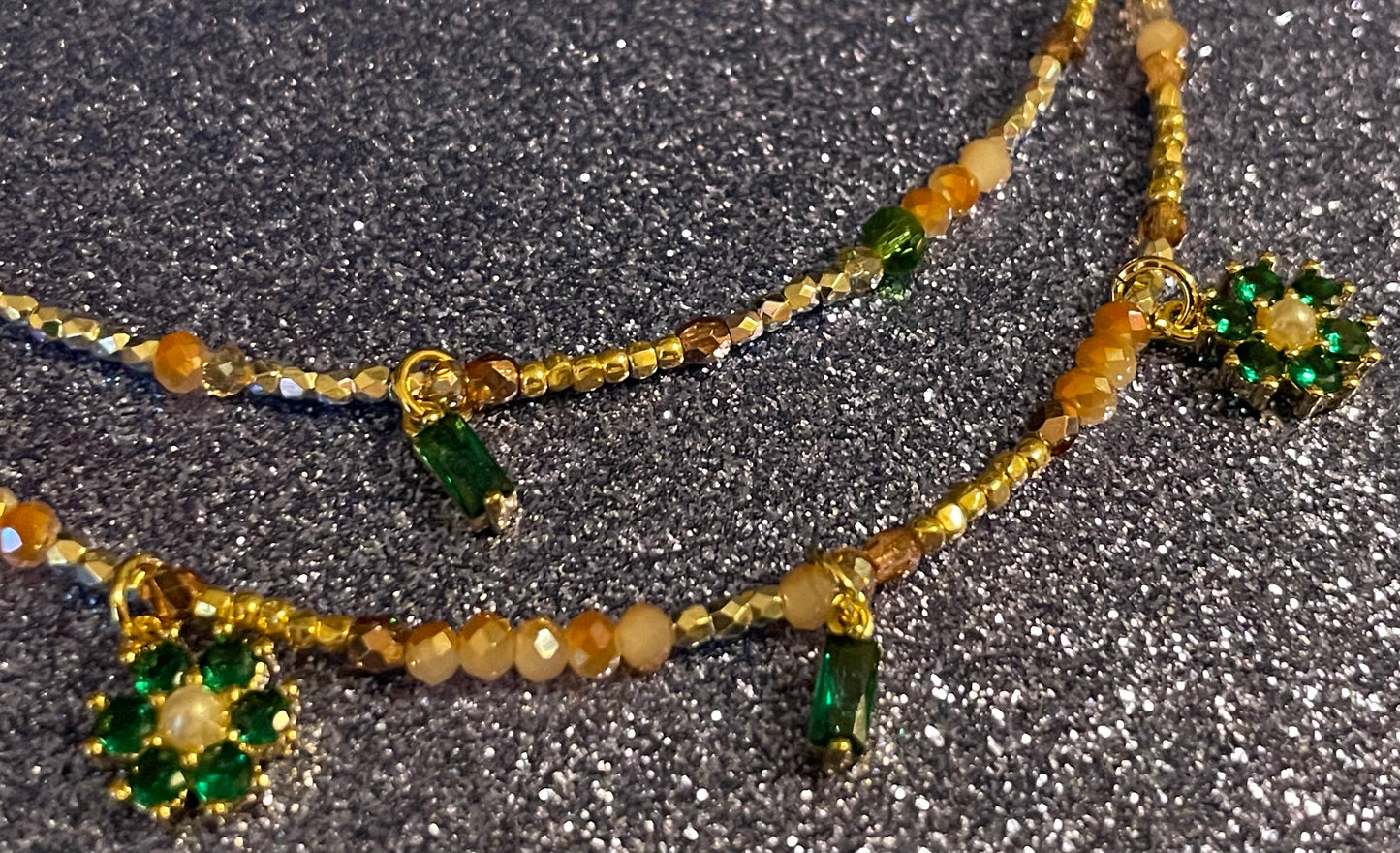 Green Gem and Crystal Double Strand Necklace