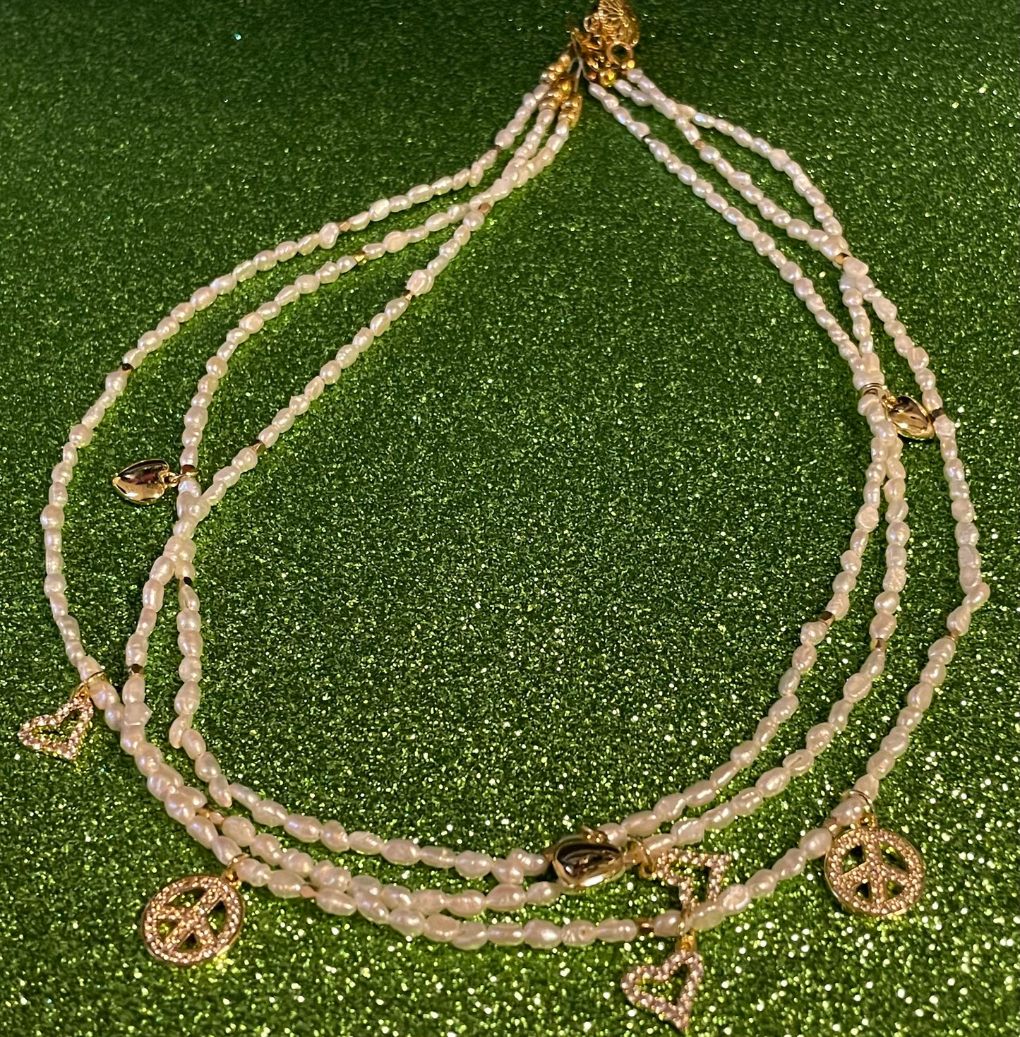 Triple Strand Freshwater Pearl Charm Necklace