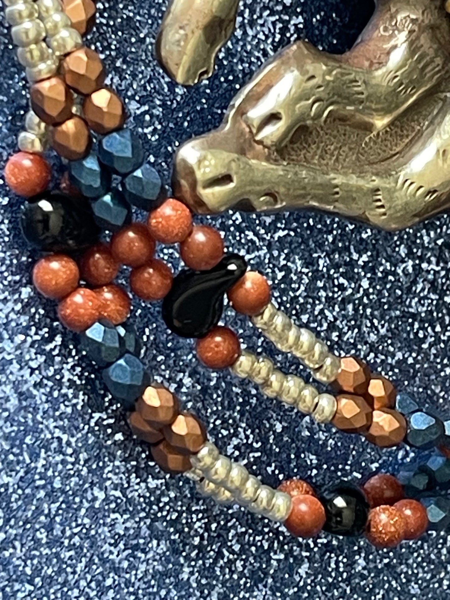 Tibetan Horse with Goldstone Inlay, Double Strand Necklace