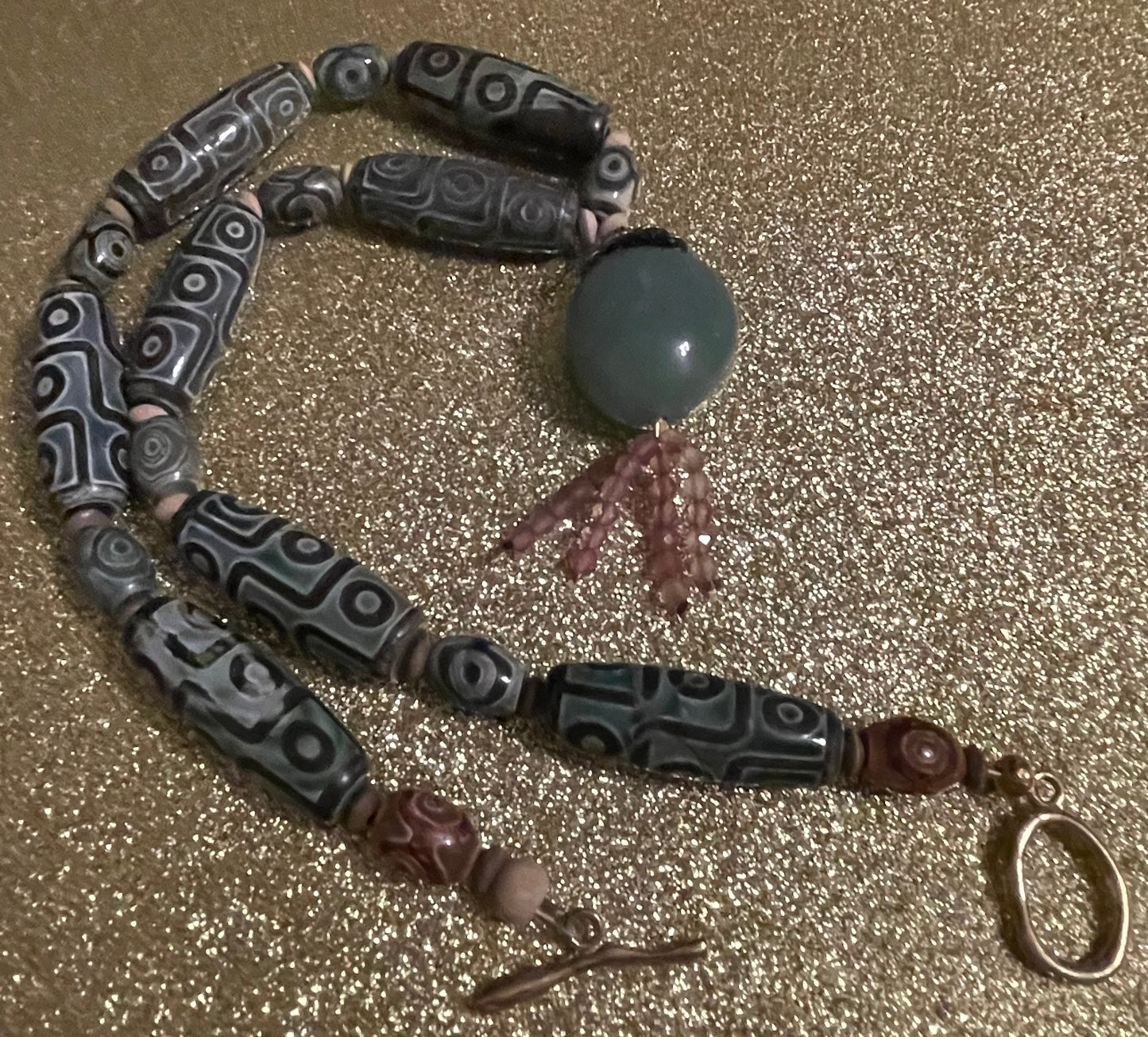 Tibetan Dzi Necklace with Rhodonite Tassel