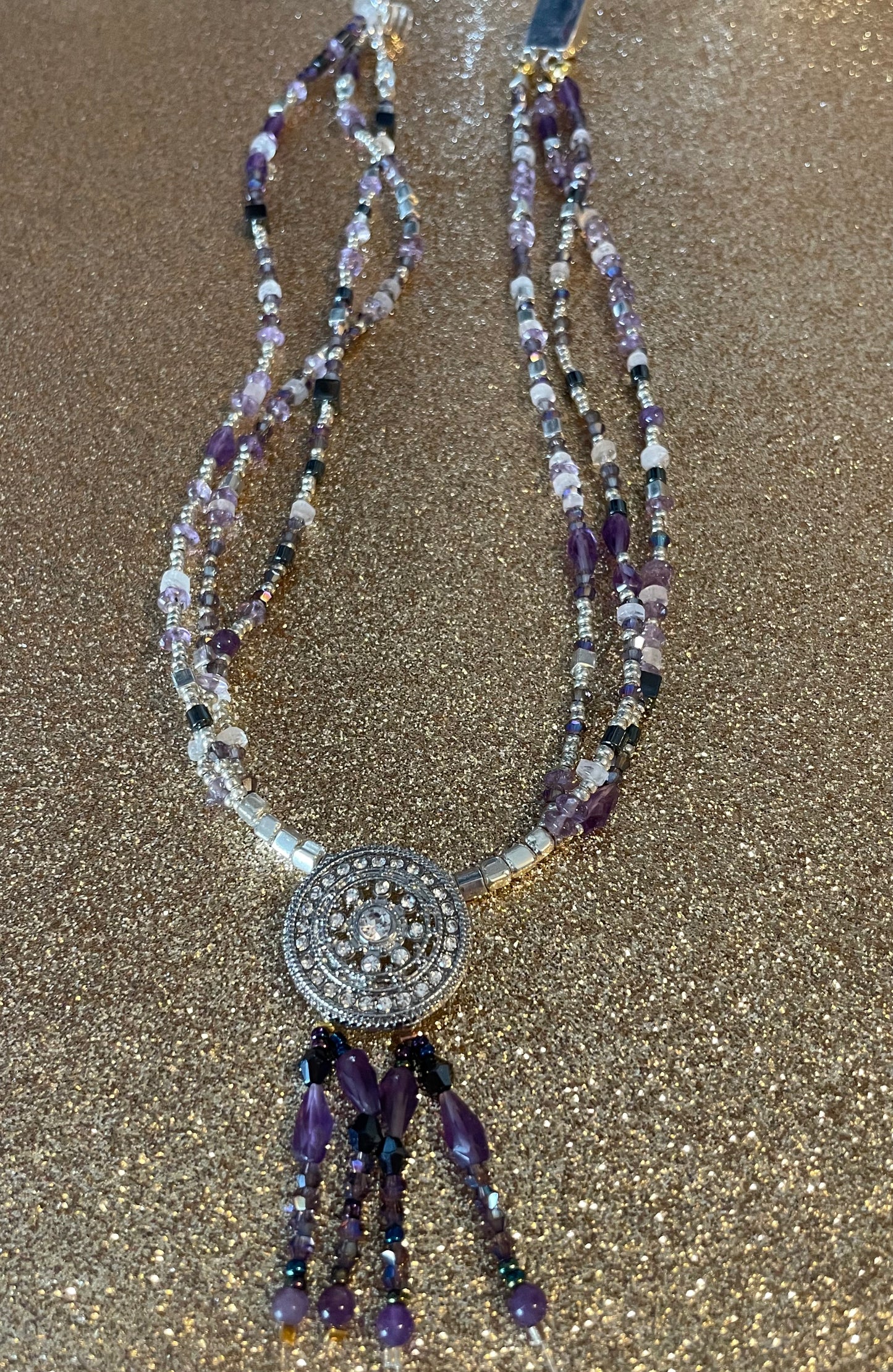Rhinestone Shield with Amethyst Pendant Necklace