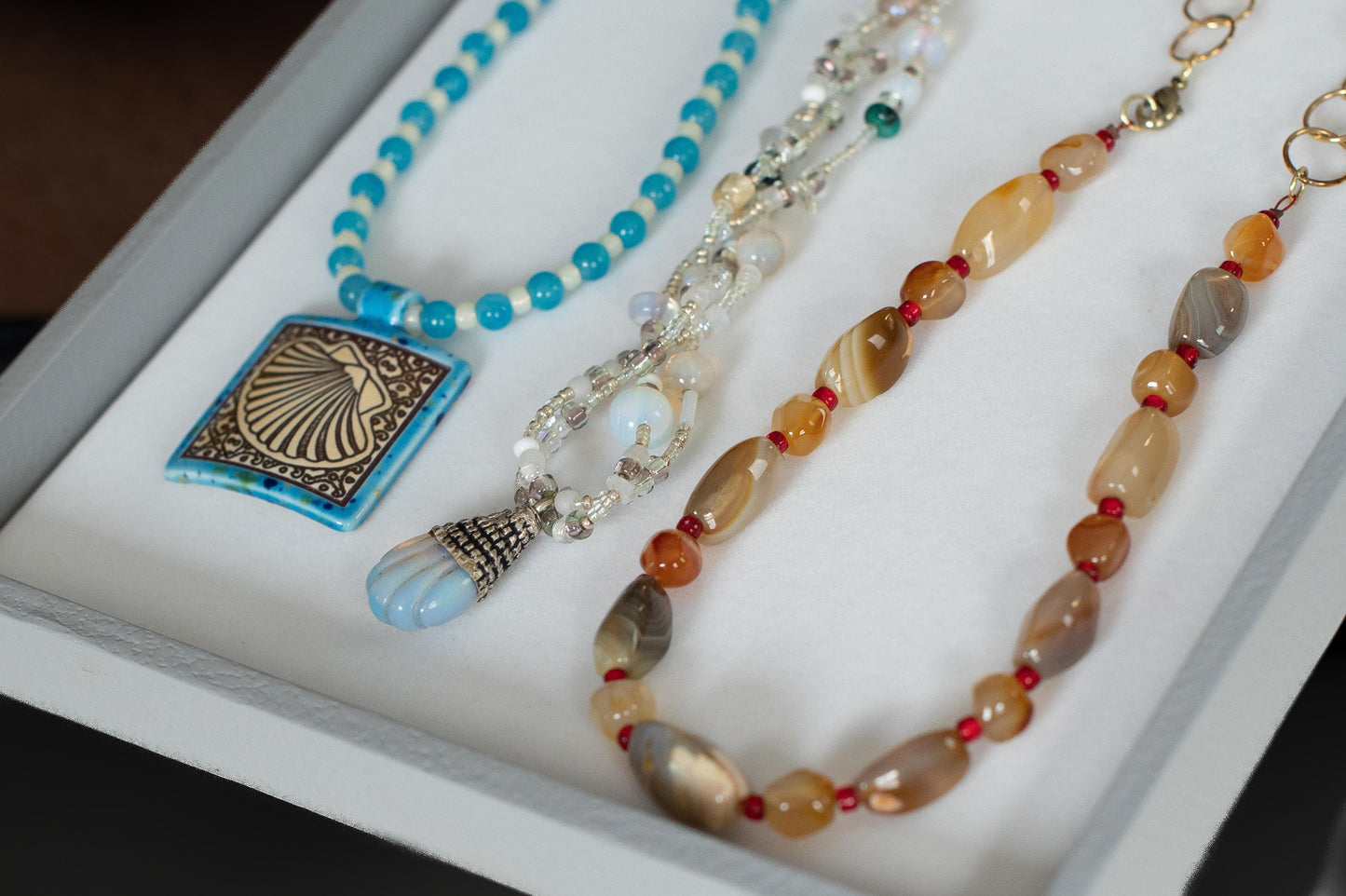 Handcrafted Ceramic Seashell Pendant and Aquamarine Necklace