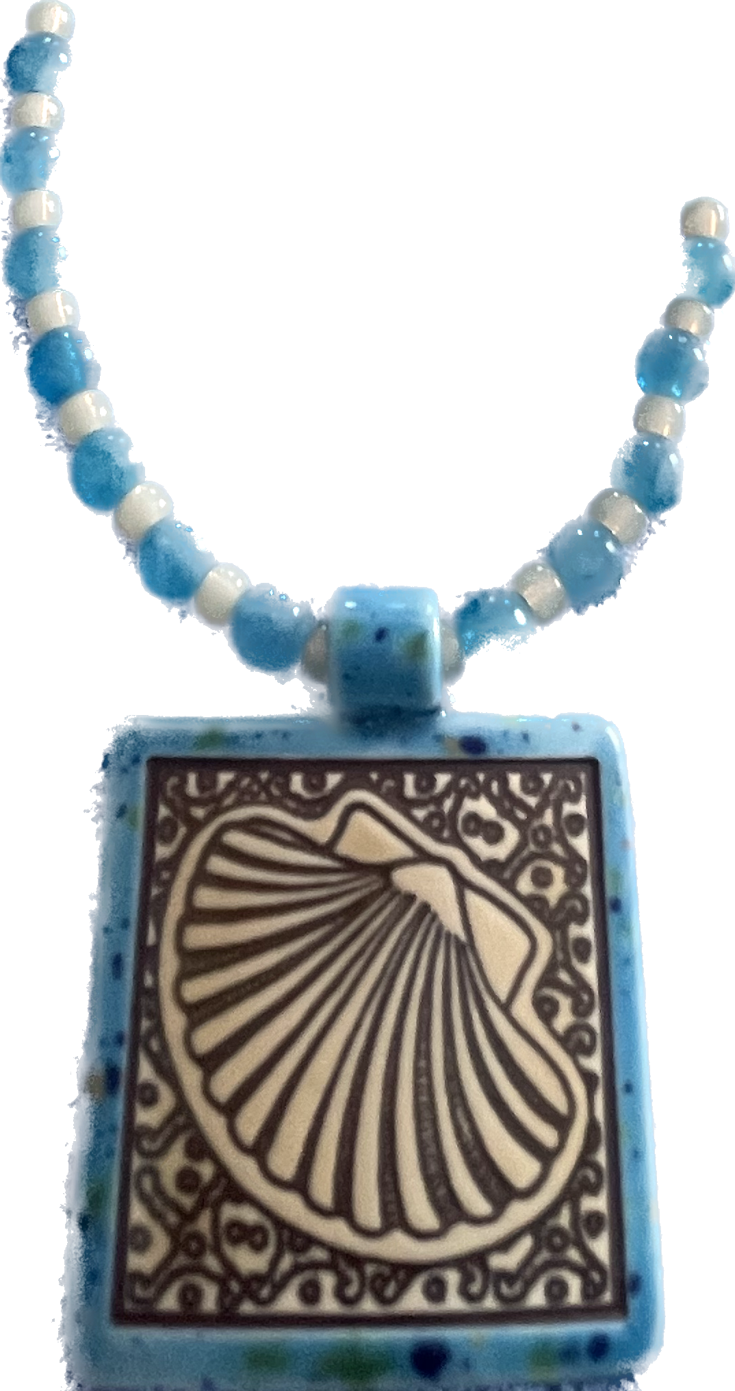Handcrafted Ceramic Seashell Pendant and Aquamarine Necklace