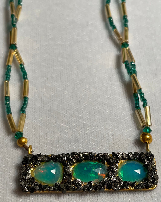 Opal and Black Diamond Necklace