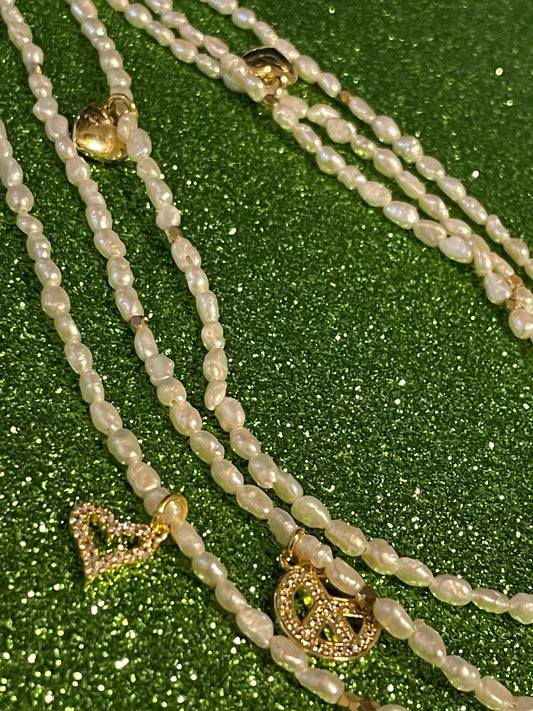 Triple Strand Freshwater Pearl Charm Necklace