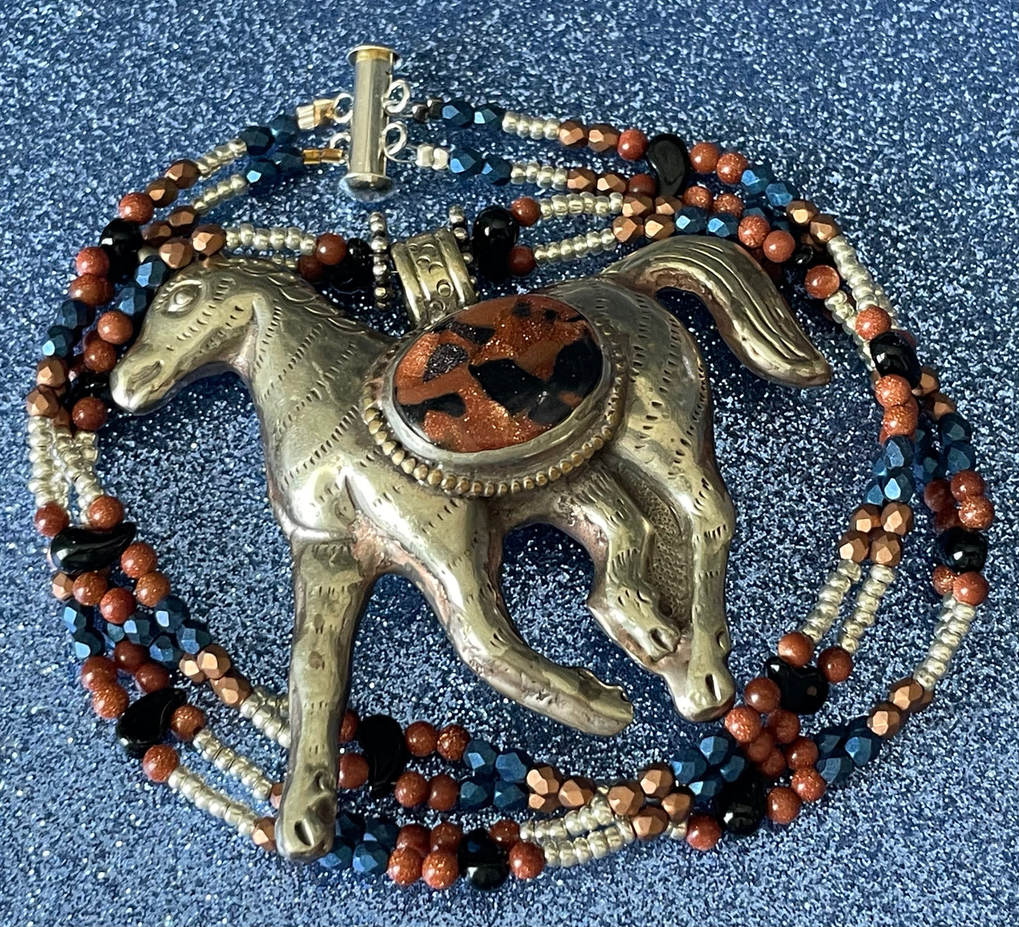 Tibetan Horse with Goldstone Inlay, Double Strand Necklace
