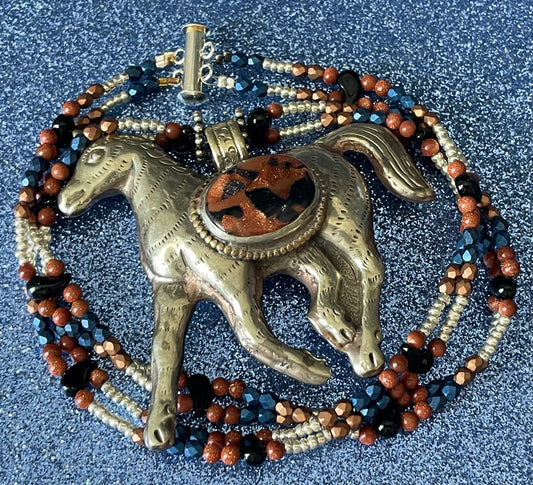 Tibetan Horse with Goldstone Inlay, Double Strand Necklace