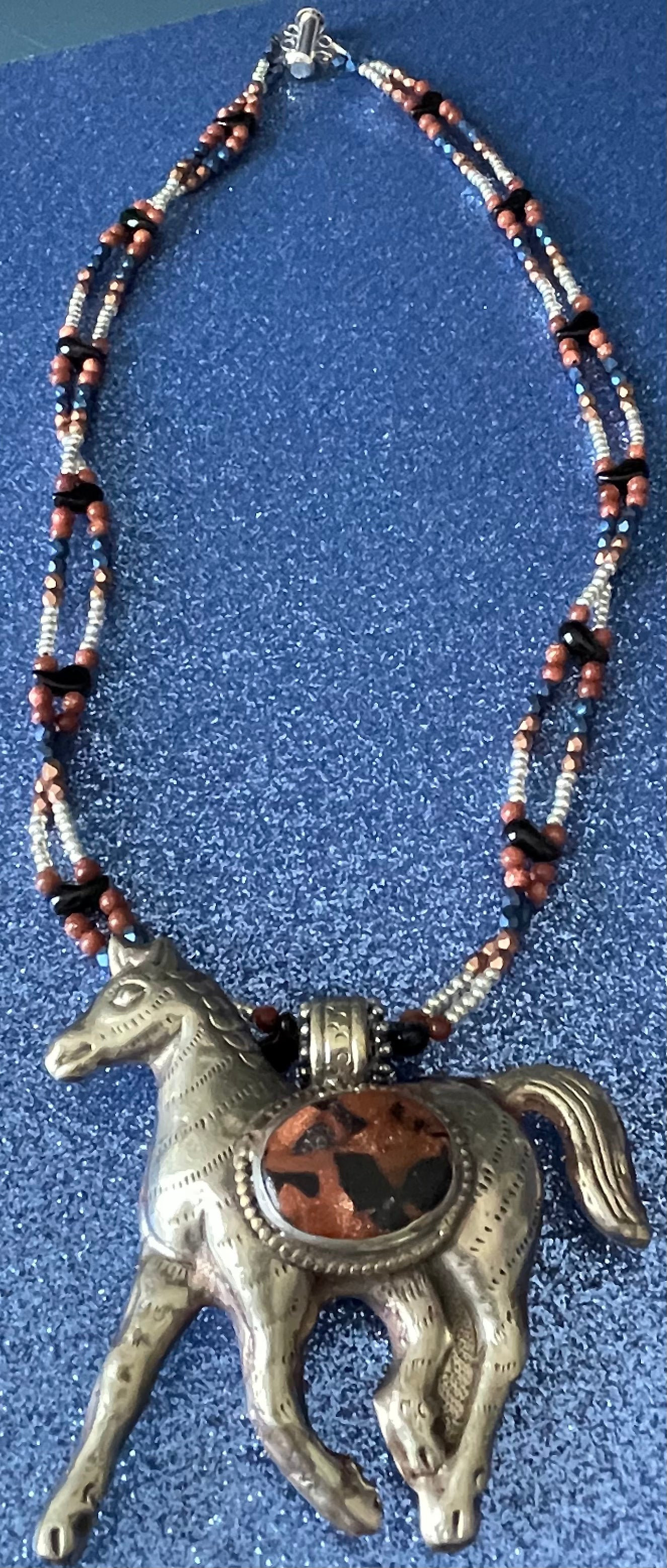 Tibetan Horse with Goldstone Inlay, Double Strand Necklace