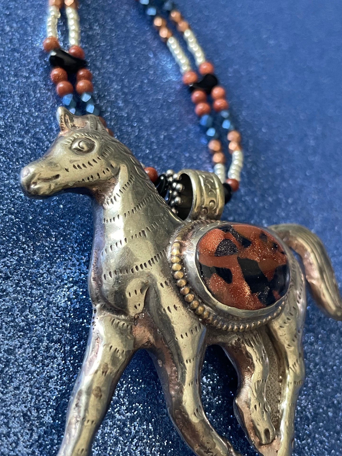 Tibetan Horse with Goldstone Inlay, Double Strand Necklace