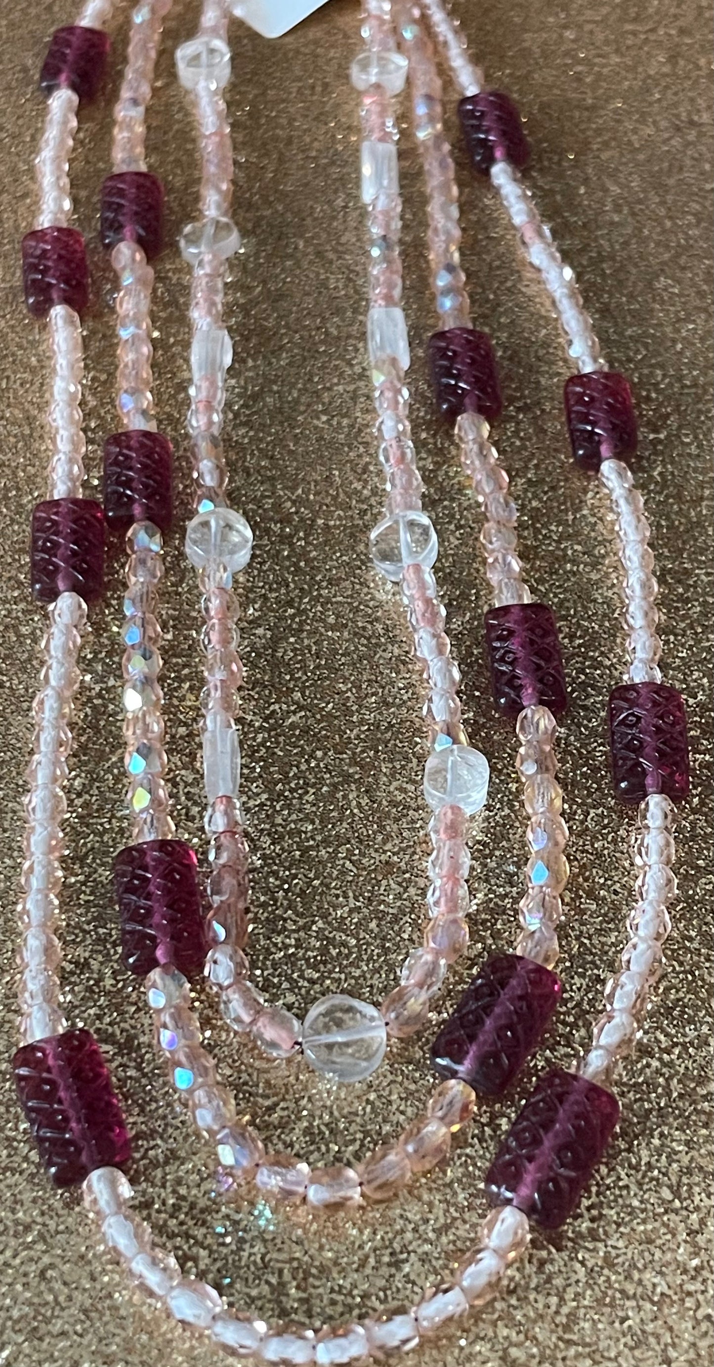 Carved Pink Tourmaline and Quartz Triple Strand Necklace