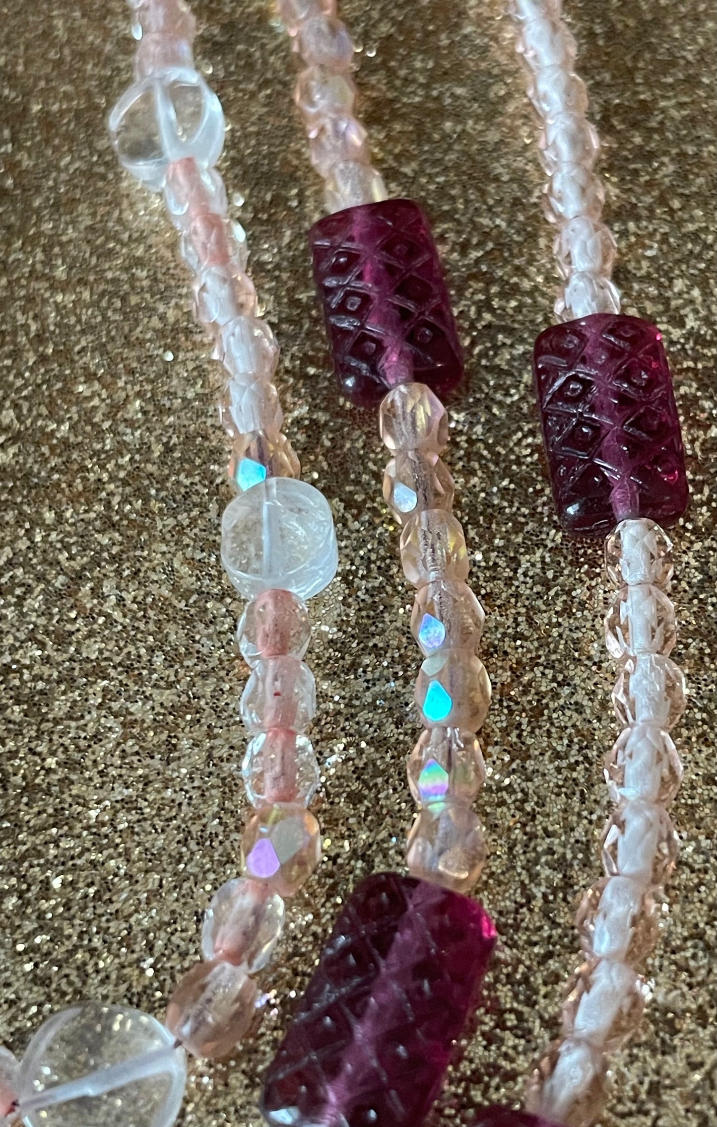 Carved Pink Tourmaline and Quartz Triple Strand Necklace