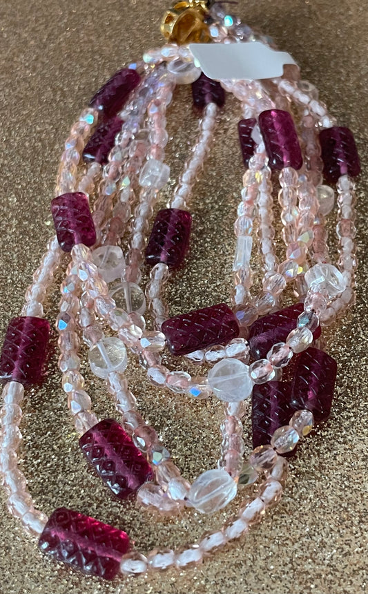 Carved Pink Tourmaline and Quartz Triple Strand Necklace