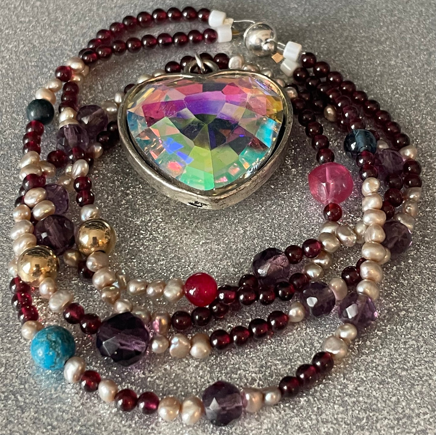 Vintage Heart Necklace with Garnets and Pearls