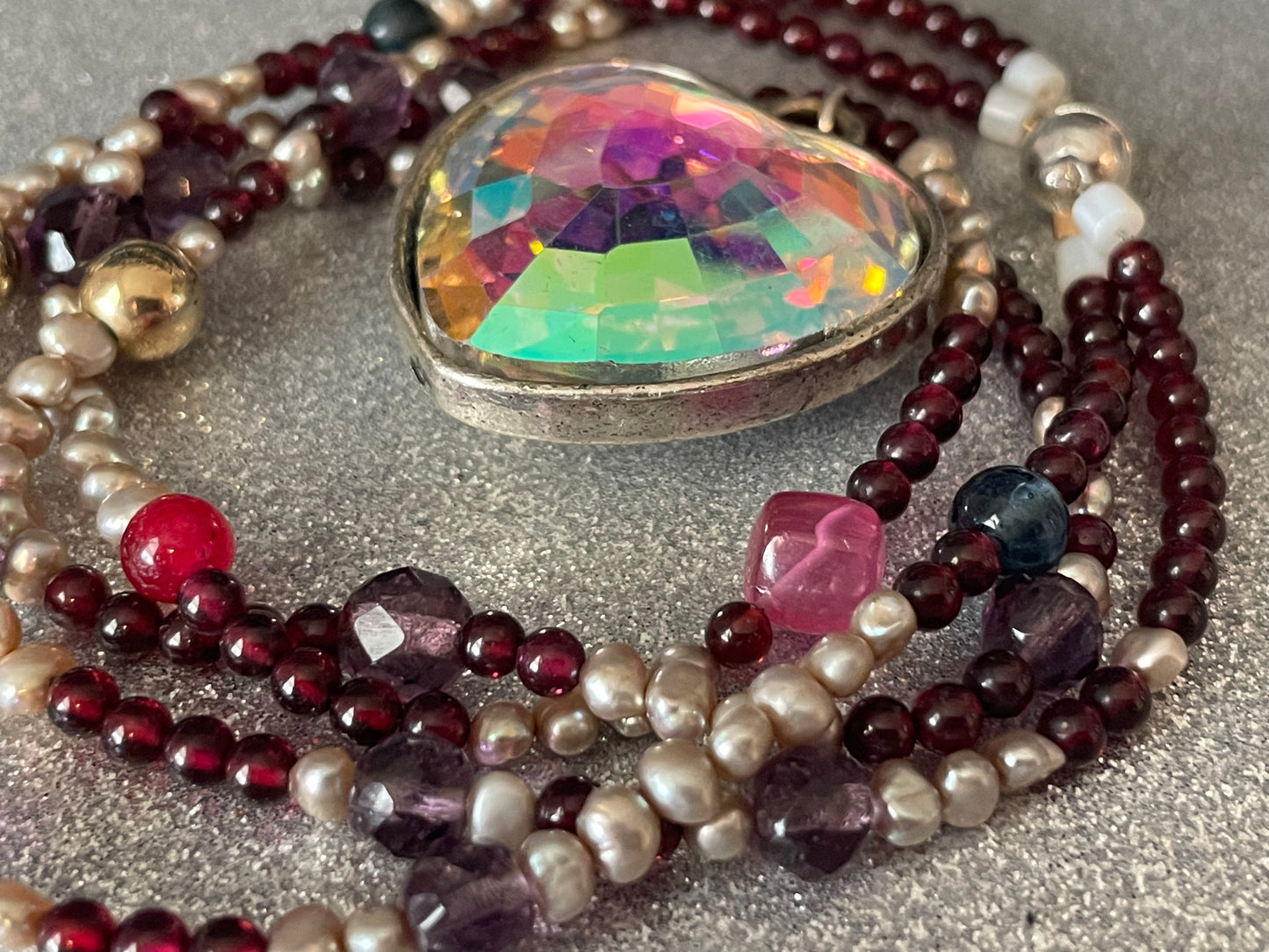Vintage Heart Necklace with Garnets and Pearls