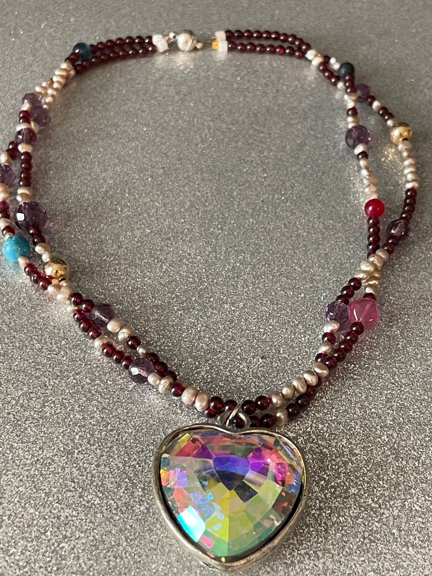 Vintage Heart Necklace with Garnets and Pearls