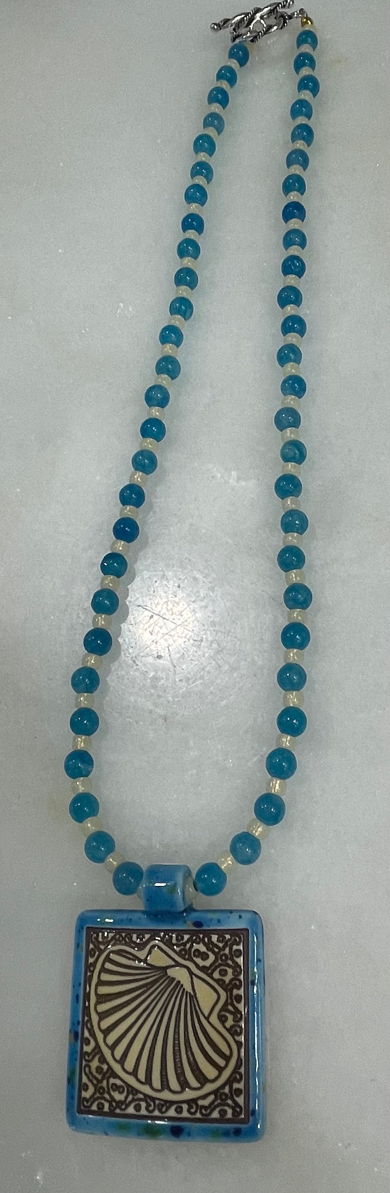 Handcrafted Ceramic Seashell Pendant and Aquamarine Necklace