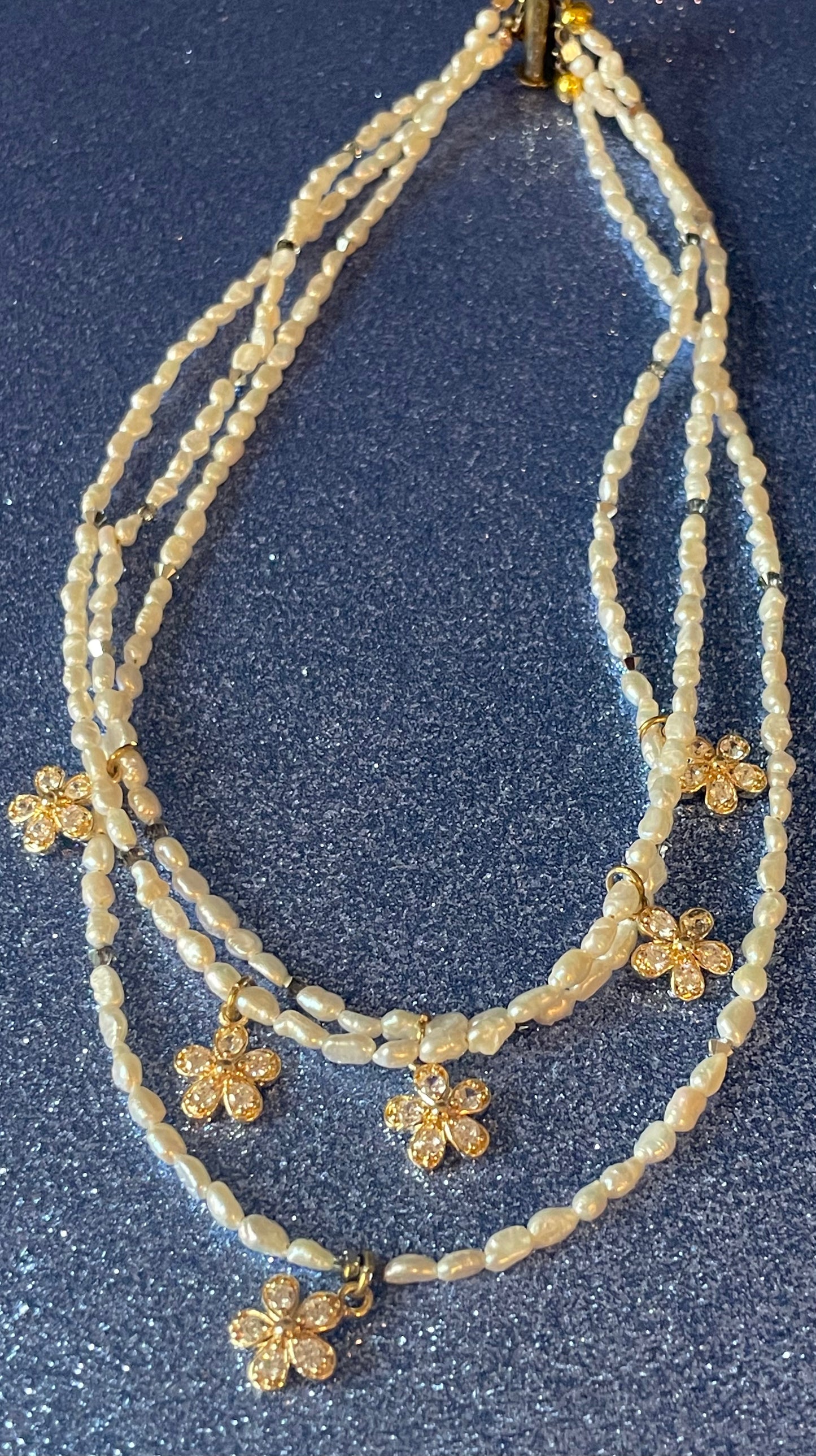 CZ Flower Triple Strand Necklace