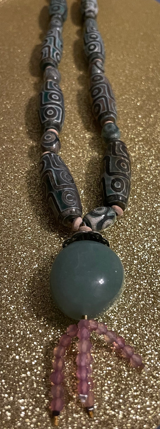 Tibetan Dzi Necklace with Rhodonite Tassel