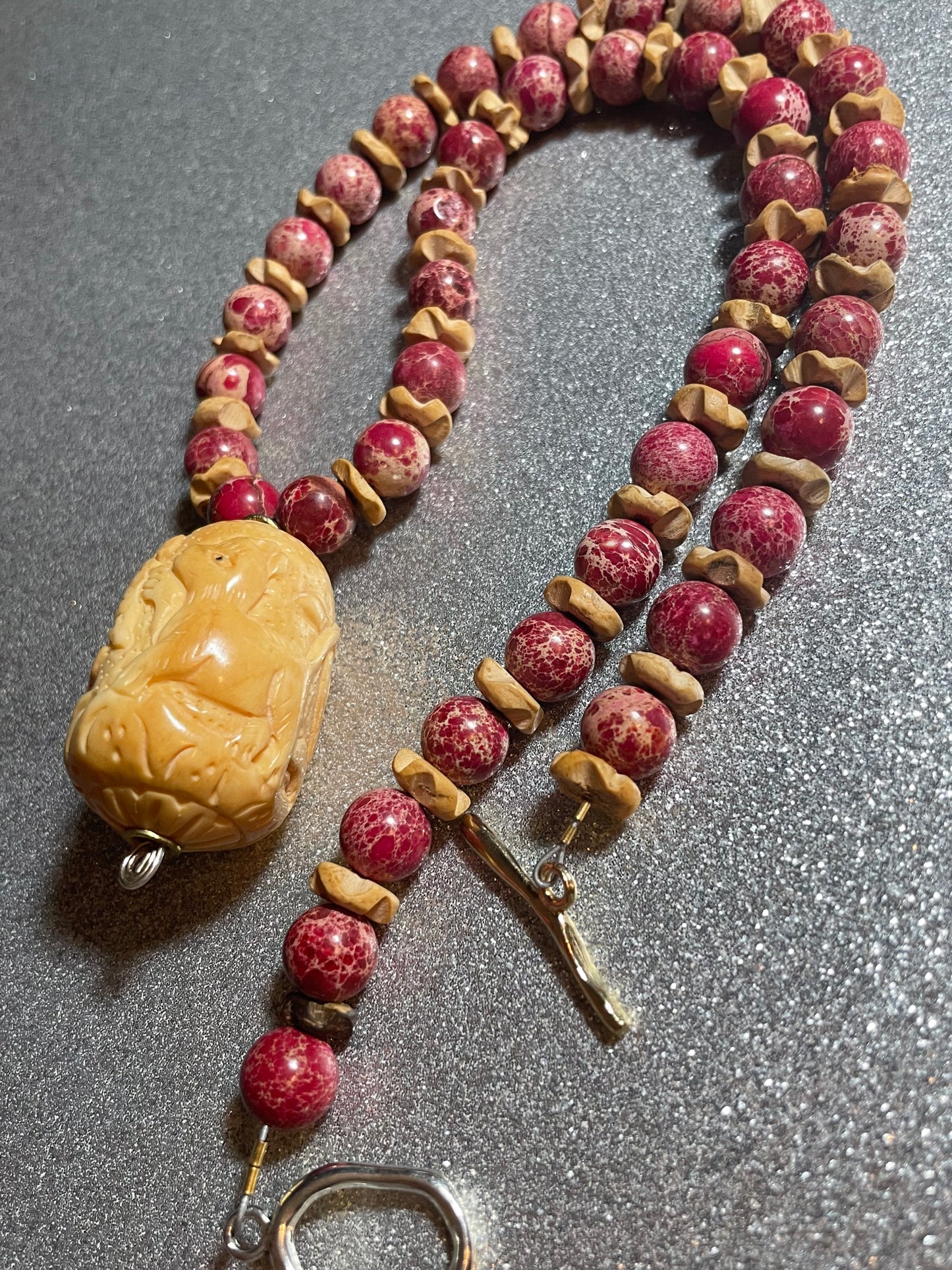 Red Imperial Jasper Necklace with Carved Bone Pendant