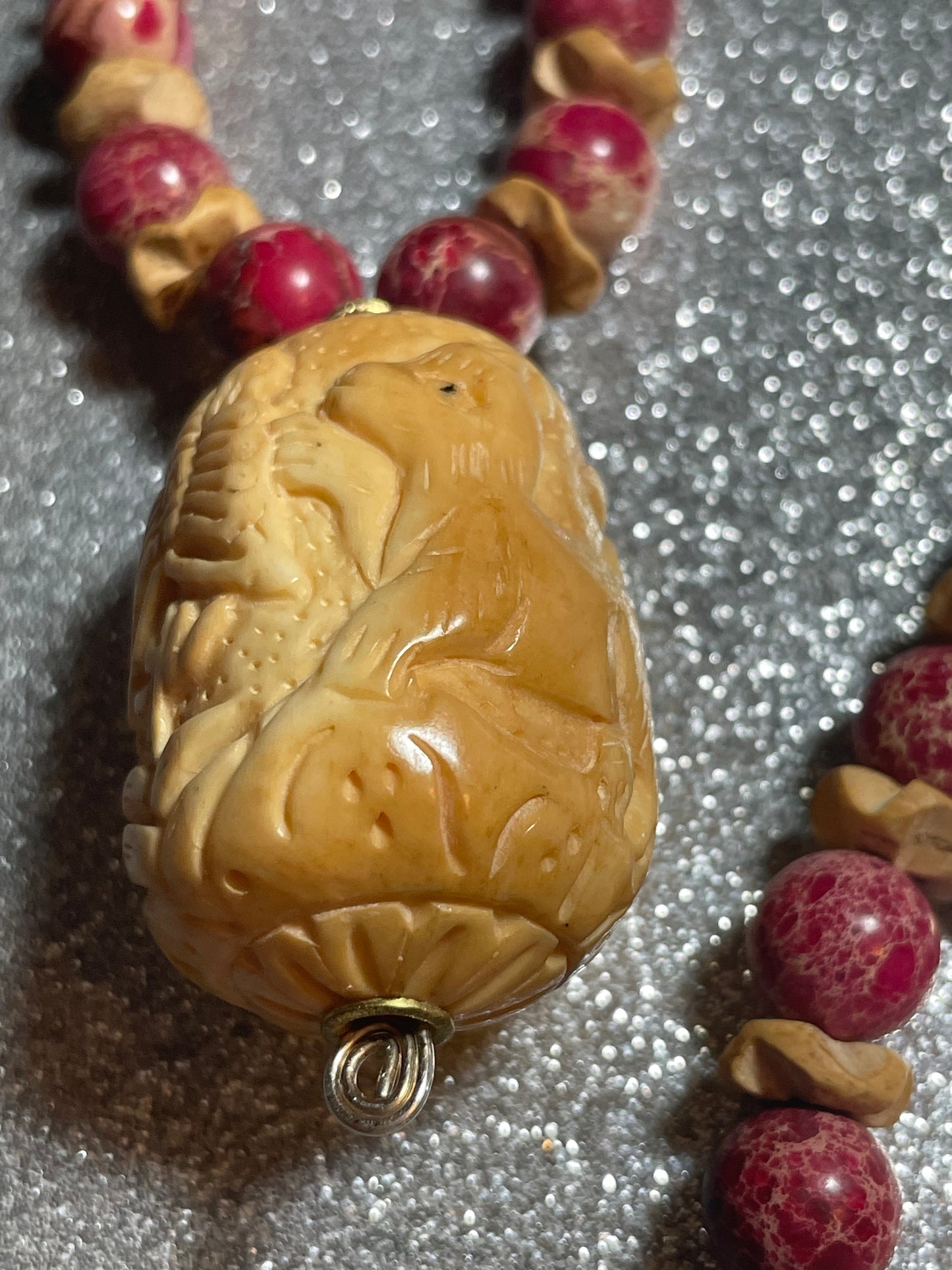 Red Imperial Jasper Necklace with Carved Bone Pendant