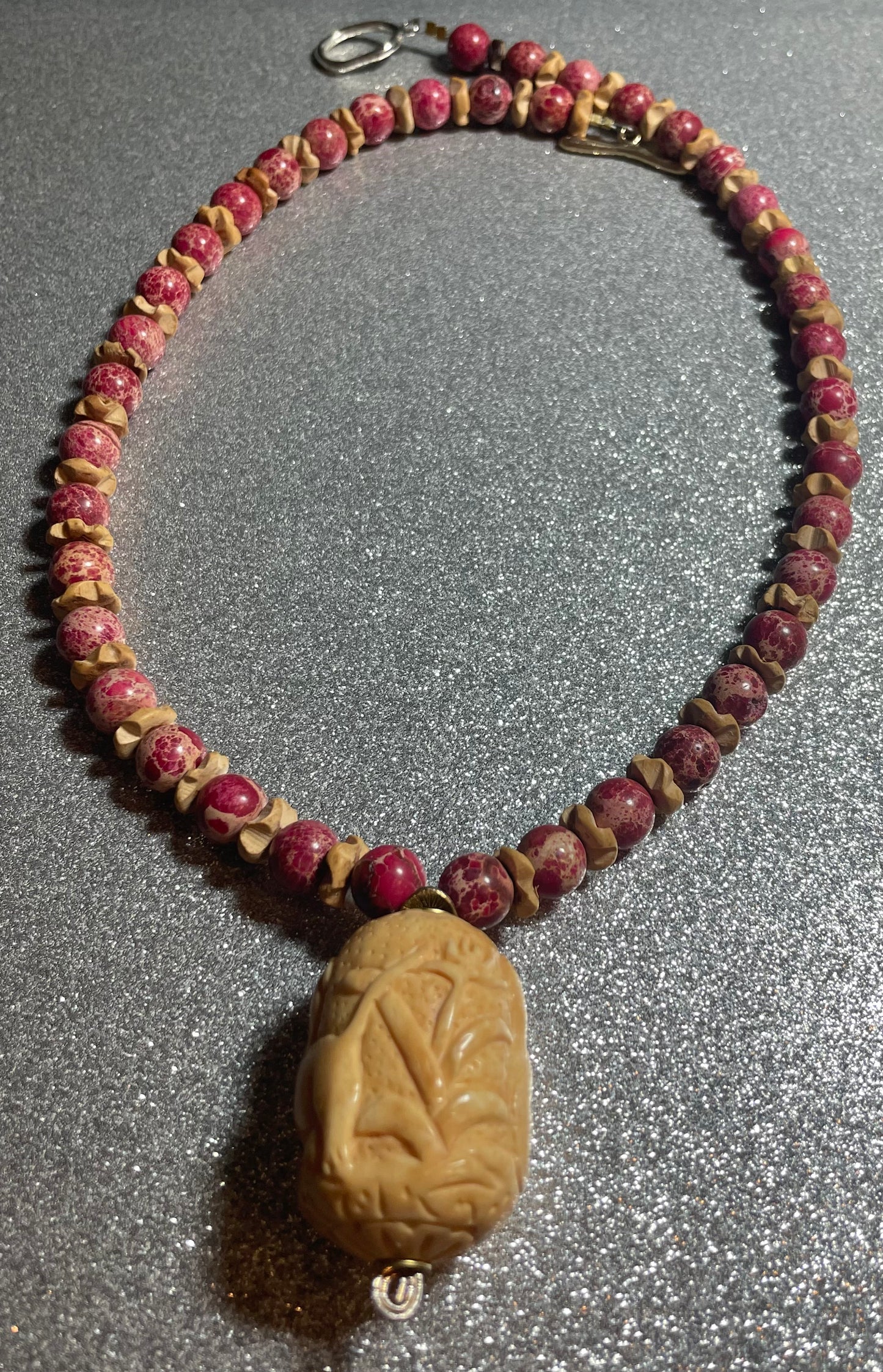 Red Imperial Jasper Necklace with Carved Bone Pendant