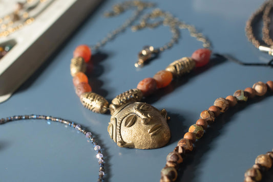 Ghanian Mask Necklace with Carved Carnelian Accents