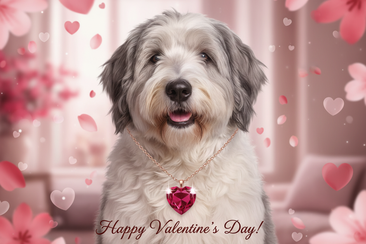 old English sheepdog wearing a heart necklace wishing a happy Valentines Day